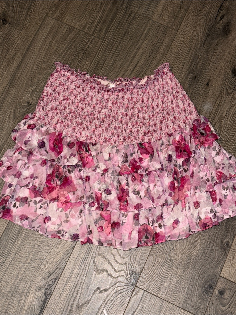 LoveShackFancy Pink Floral Smocked Ruffle Mini Skirt xs